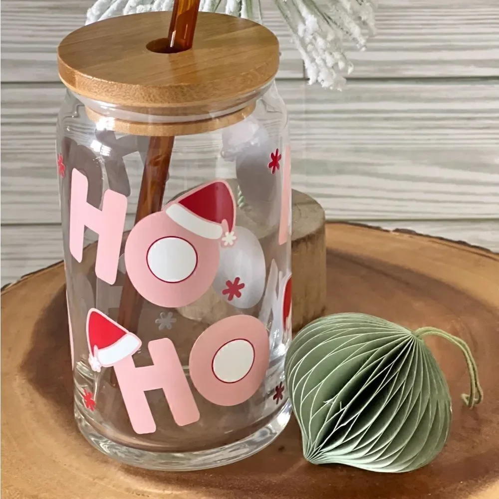 HO HO pink Christmas Beer can Glass NWT
